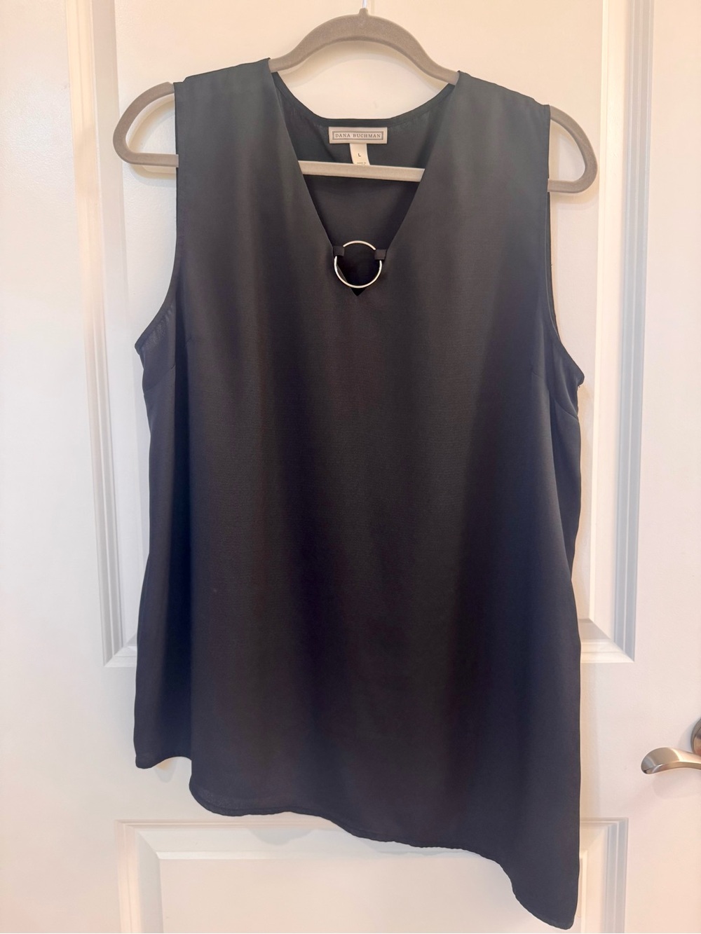 Dana Buchman Black V-Neck Asymmetrical Sleeveless Top with Metal Ring